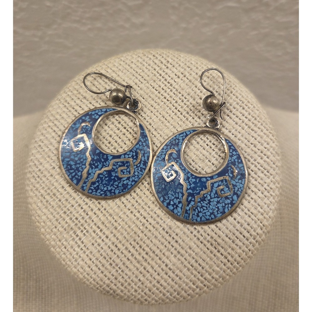 Vintage Taxco Turquoise Inlay Dangle Drop Earrings Mex 925 TR-50